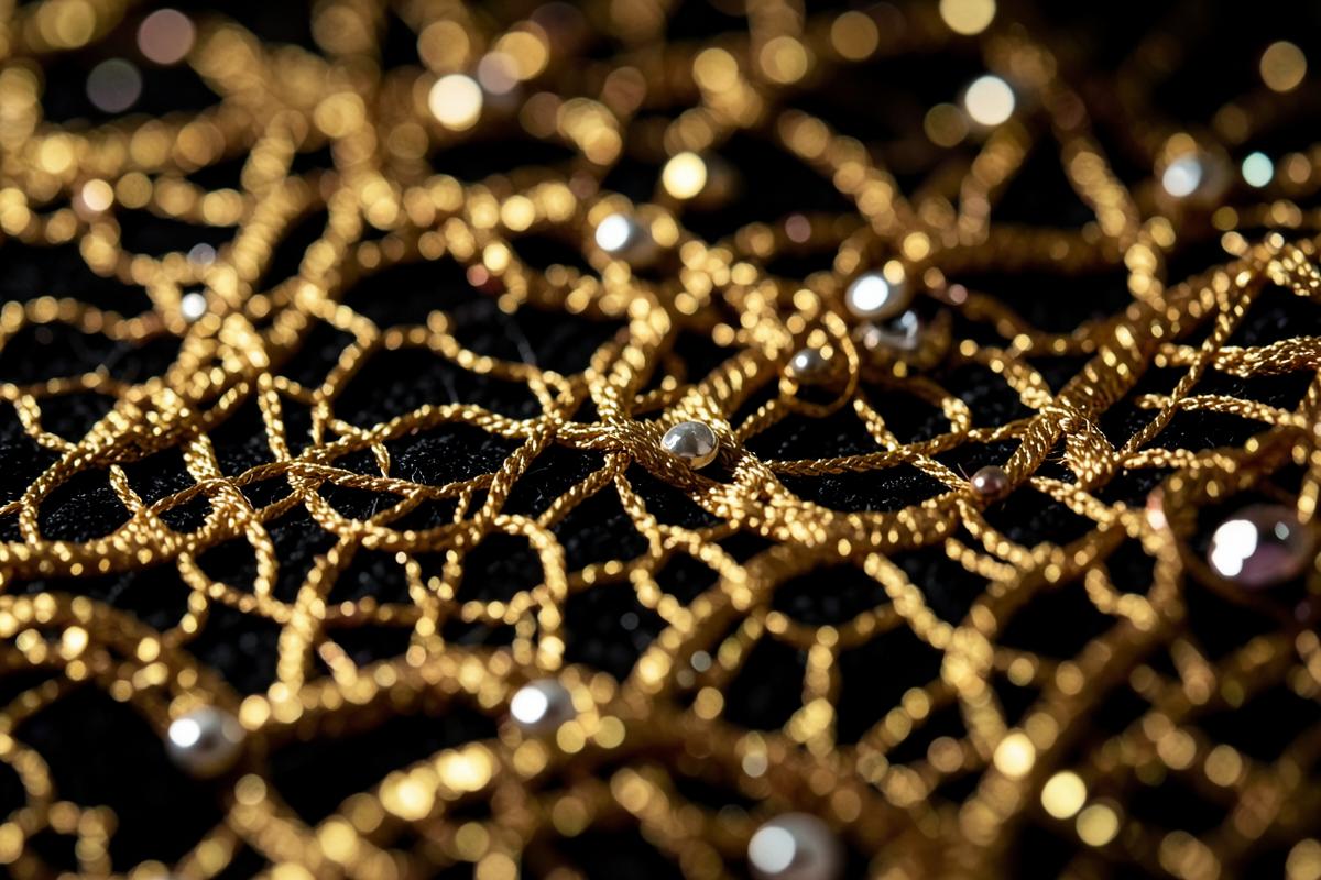 Macro detail of gold cord lace with pearl beading